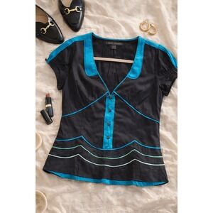 Marc Jacobs Silk Blend Top Black Teal Contrast Trim Peplum Blouse Indie Chic 8